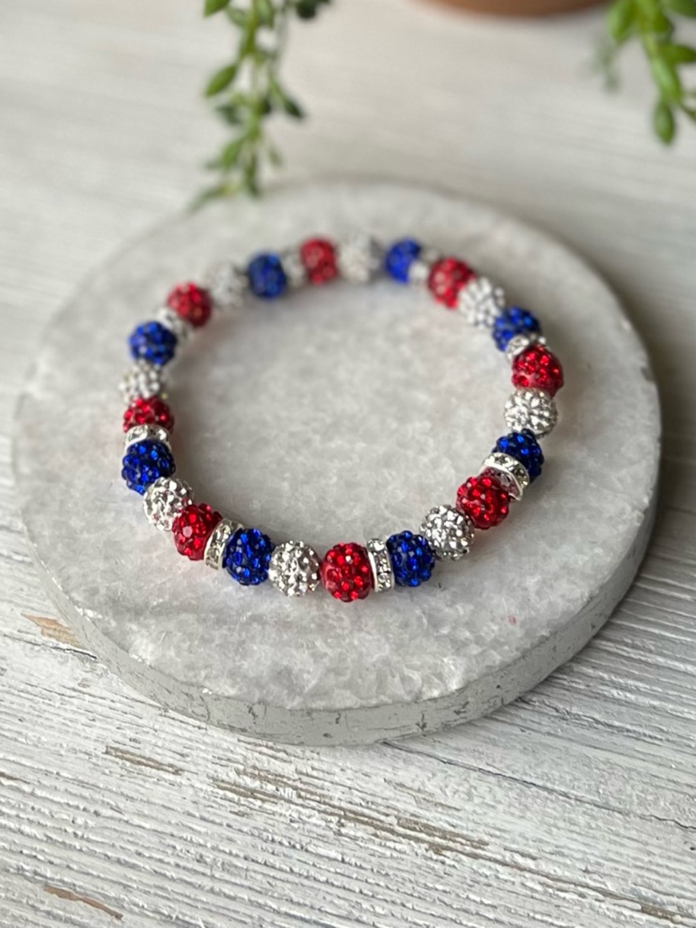 Sparkling Red, White & Blue Crystal Bead Bracelet 7 inch Patriotic Bracelet - Picture 3 of 8